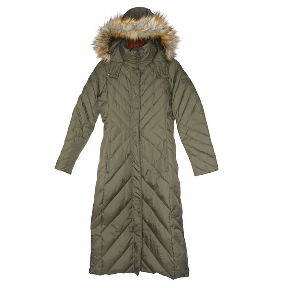 Larry Levine Long Midi Down Filled Parka Coat Faux Fur Hood Olive Green Quilted - Picture 6 of 15
